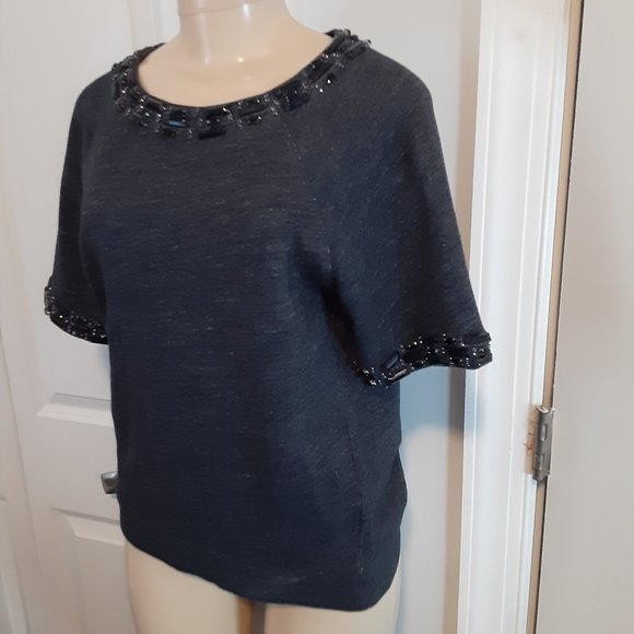 J. Crew Heathered Blue Rhinestone & Beaded Short Sleeve Cotton Sweatshirt - Picture 5 of 12